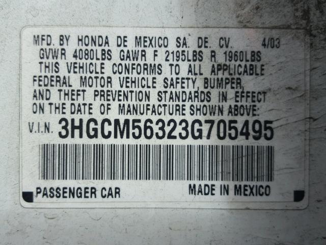 3HGCM56323G705495 - 2003 HONDA ACCORD WHITE photo 10