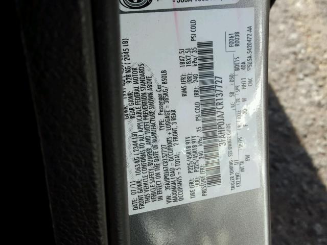 3FAHP0JA7CR137727 - 2012 FORD FUSION GRAY photo 10