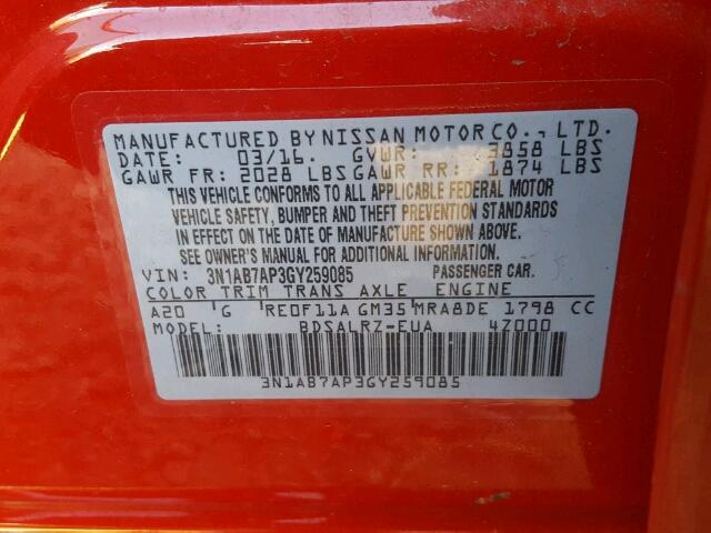 3N1AB7AP3GY259085 - 2016 NISSAN SENTRA S RED photo 10