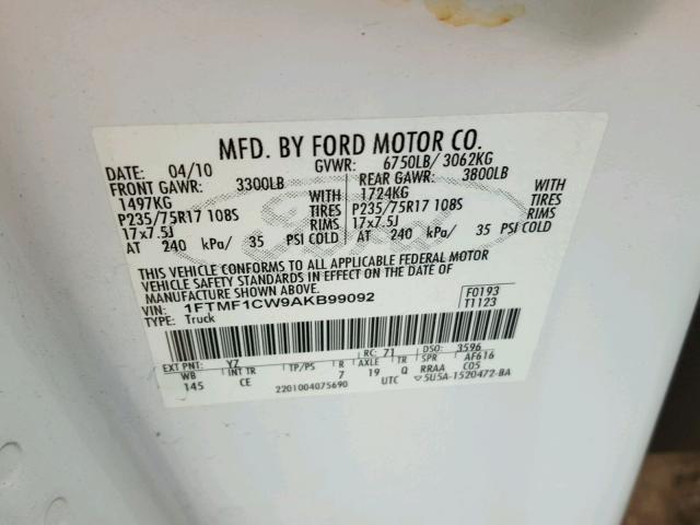 1FTMF1CW9AKB99092 - 2010 FORD F150 WHITE photo 10