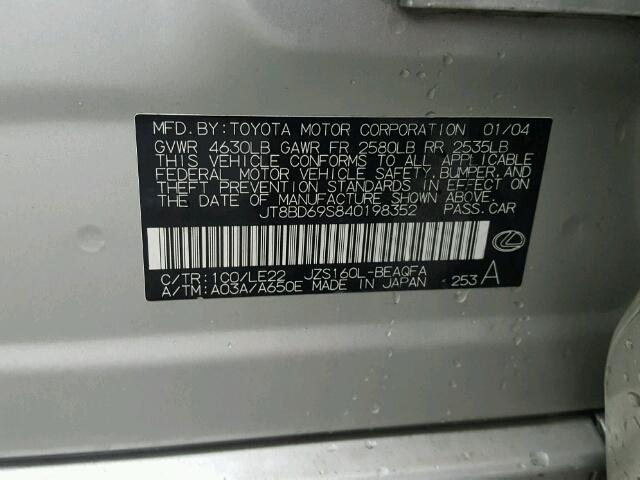 JT8BD69S840198352 - 2004 LEXUS GS 300 SILVER photo 10