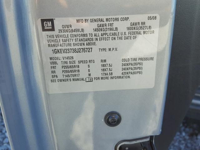 1GKEV23738J276727 - 2008 GMC ACADIA SLT ლურჯი ფოტო 10