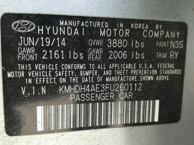 KMHDH4AE3FU260112 - 2015 HYUNDAI ELANTRA SE SILVER photo 10