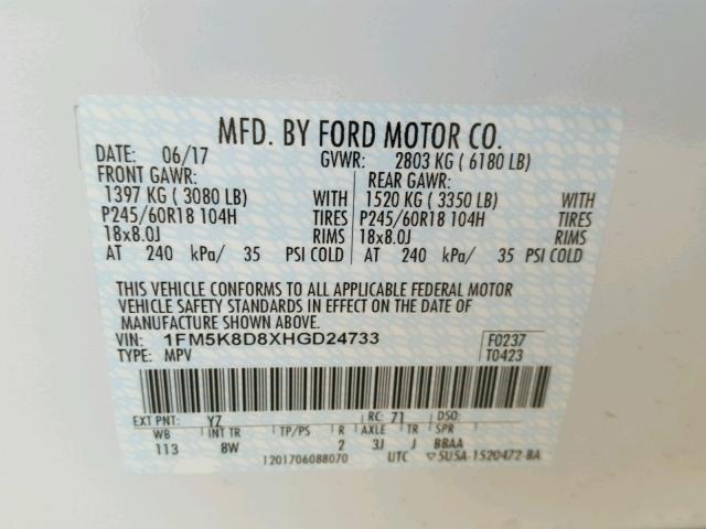 1FM5K8D8XHGD24733 - 2017 FORD EXPLORER X WHITE photo 10