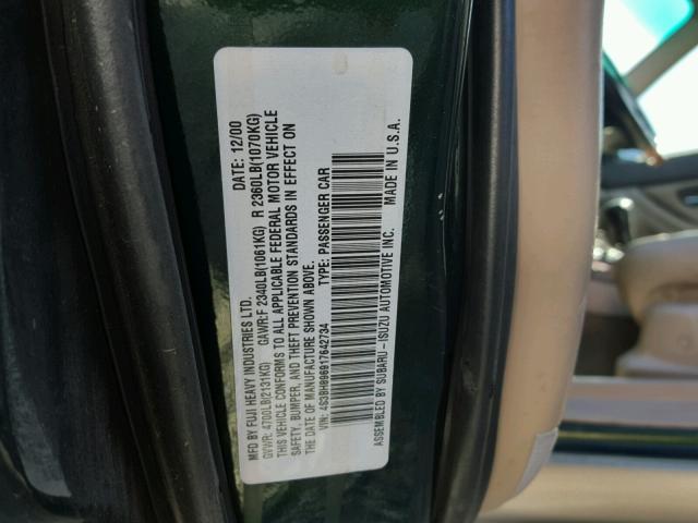 4S3BH896917642734 - 2001 SUBARU LEGACY OUT GREEN photo 10