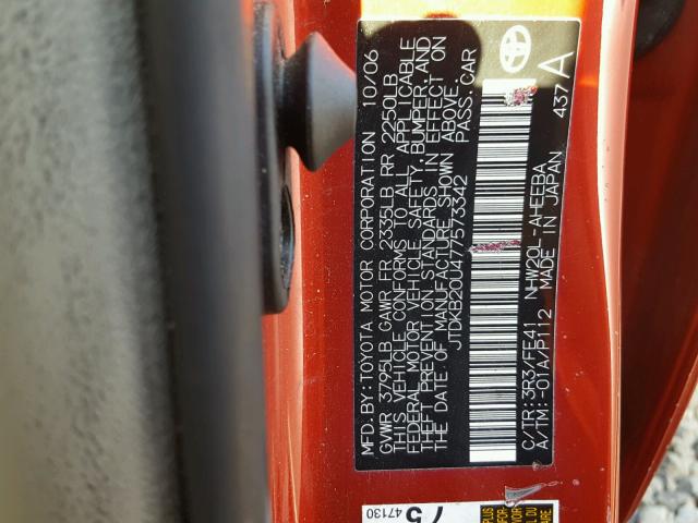 JTDKB20U477573342 - 2007 TOYOTA PRIUS RED photo 10