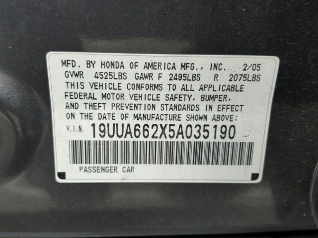 19UUA662X5A035190 - 2005 ACURA TL GRAY photo 10