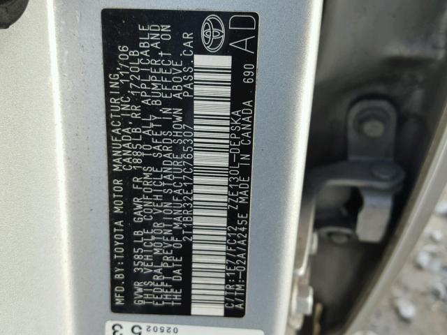 2T1BR32E17C765307 - 2007 TOYOTA COROLLA CE GRAY photo 10