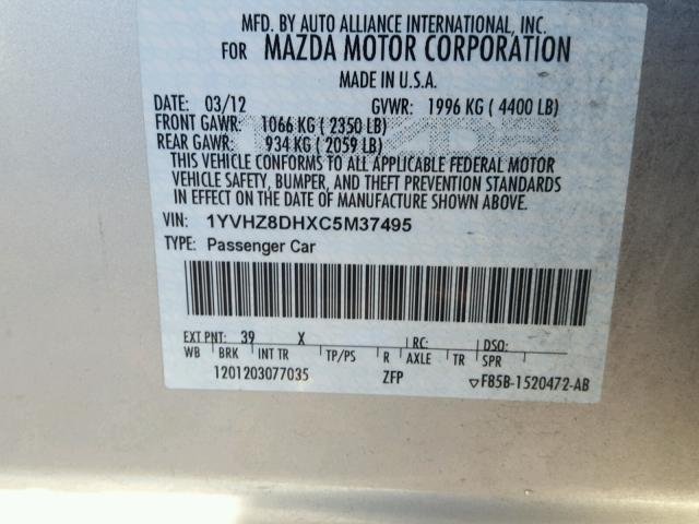 1YVHZ8DHXC5M37495 - 2012 MAZDA 6 I SILVER photo 10