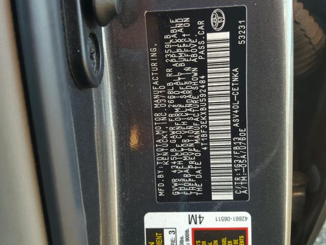 4T1BF3EKXBU592484 - 2011 TOYOTA CAMRY BASE GRAY photo 10