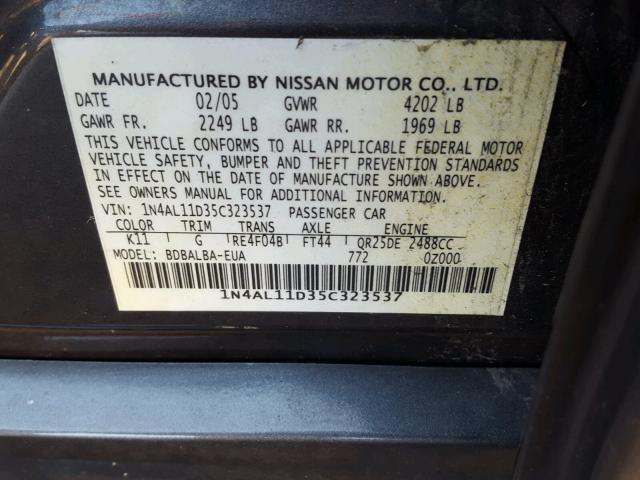 1N4AL11D35C323537 - 2005 NISSAN ALTIMA S CHARCOAL photo 10