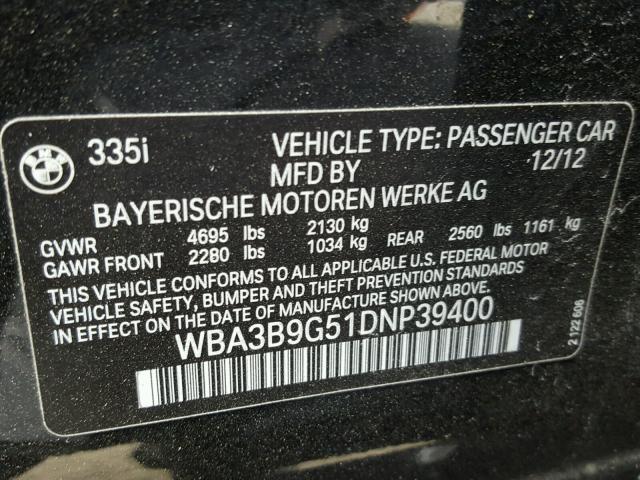 WBA3B9G51DNP39400 - 2013 BMW 335 XI BLACK photo 10