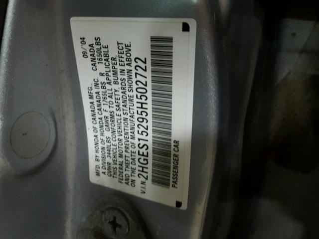 2HGES15295H502722 - 2005 HONDA CIVIC DX SILVER photo 10