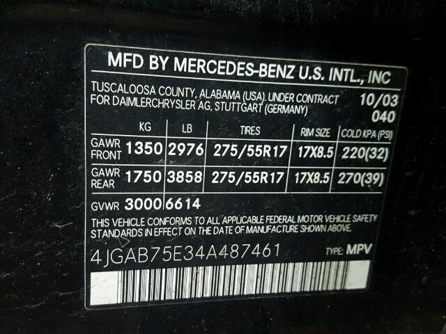 4JGAB75E34A487461 - 2004 MERCEDES-BENZ ML 500 BLACK photo 10