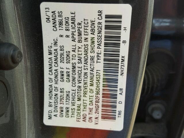 2HGFB2F96DH545371 - 2013 HONDA CIVIC EXL GRAY photo 10
