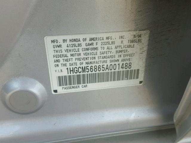 1HGCM56865A001488 - 2005 HONDA ACCORD EX SILVER photo 10