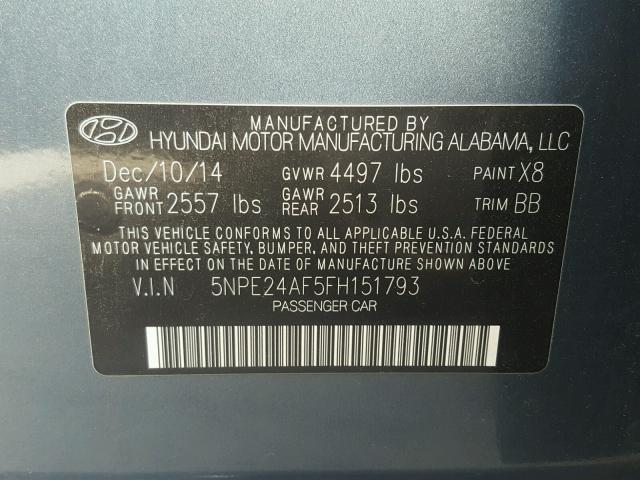 5NPE24AF5FH151793 - 2015 HYUNDAI SONATA SE BLUE photo 10