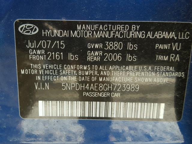 5NPDH4AE8GH723989 - 2016 HYUNDAI ELANTRA SE BLUE photo 10