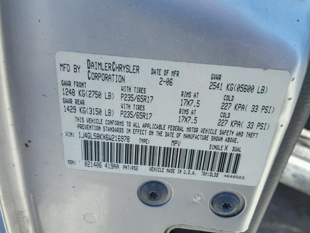 1J4GL58KX6W216978 - 2006 JEEP LIBERTY LI SILVER photo 10