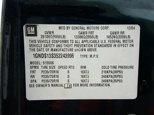 1GNDS13S352243996 - 2005 CHEVROLET TRAILBLAZE GREEN photo 10