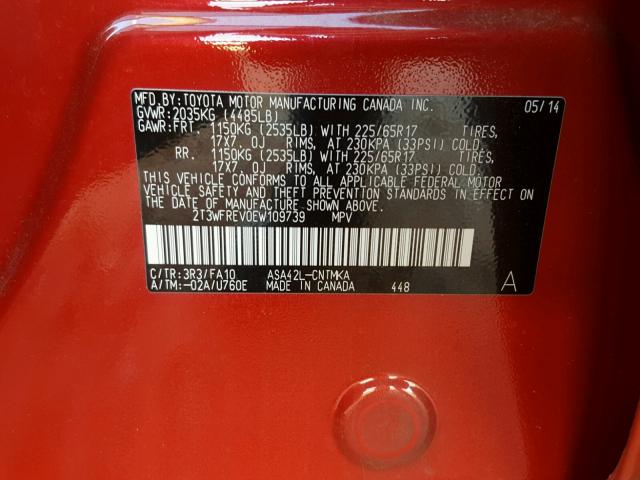 2T3WFREV0EW109739 - 2014 TOYOTA RAV4 RED photo 10