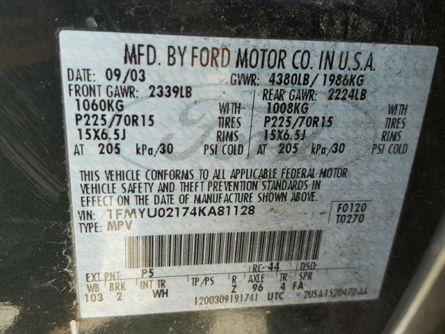 1FMYU02174KA81128 - 2004 FORD ESCAPE GREEN photo 10