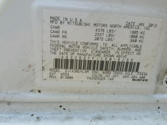 4A32B2FF1CE016285 - 2012 MITSUBISHI GALANT FE WHITE photo 10