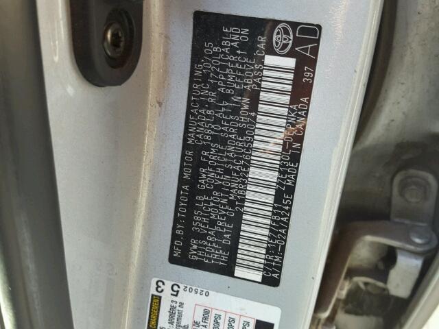 2T1BR32E76C590074 - 2006 TOYOTA COROLLA CE SILVER photo 10