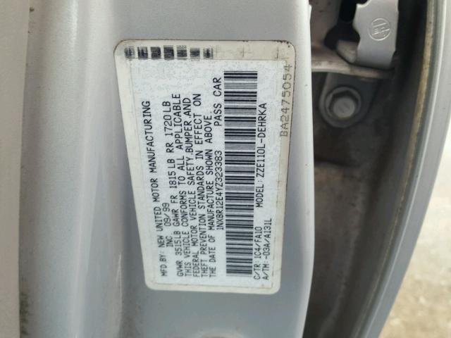 1NXBR12E4YZ323383 - 2000 TOYOTA COROLLA VE SILVER photo 10