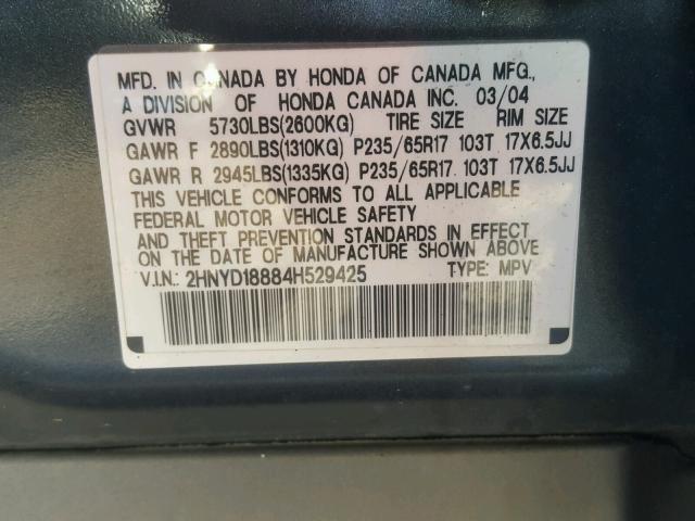 2HNYD18884H529425 - 2004 ACURA MDX GRAY photo 10