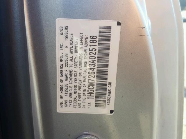 1HGCM72643A025186 - 2003 HONDA ACCORD SILVER photo 10