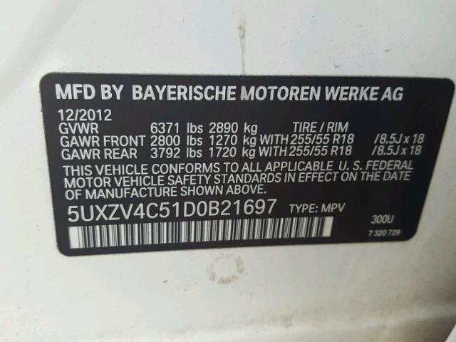 5UXZV4C51D0B21697 - 2013 BMW X5 XDRIVE3 WHITE photo 10