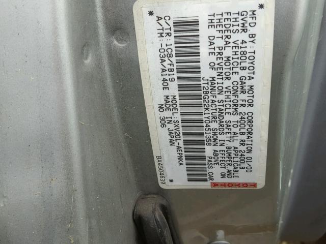 JT2BG22K1Y0451358 - 2000 TOYOTA CAMRY CE SILVER photo 10