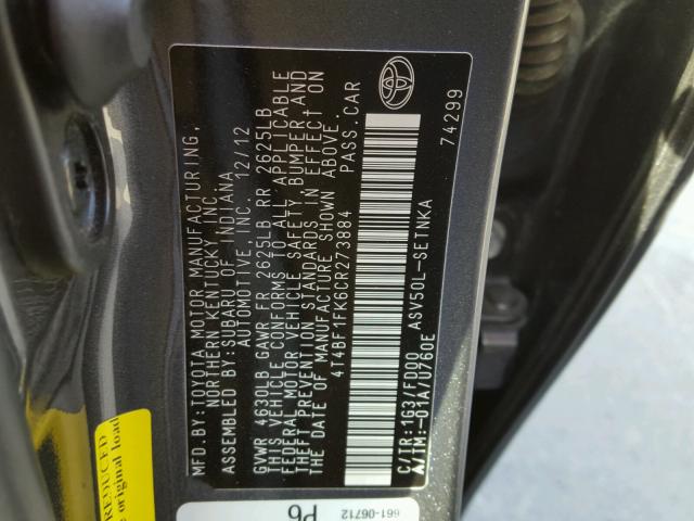 4T4BF1FK6CR273884 - 2012 TOYOTA CAMRY BASE CHARCOAL photo 10