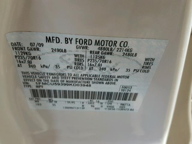 1FMCU59399KD03948 - 2009 FORD ESCAPE HYB WHITE photo 10