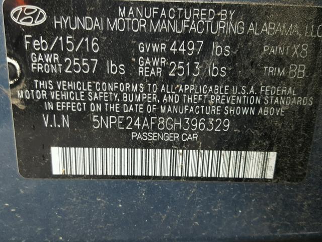 5NPE24AF8GH396329 - 2016 HYUNDAI SONATA SE BLUE photo 10