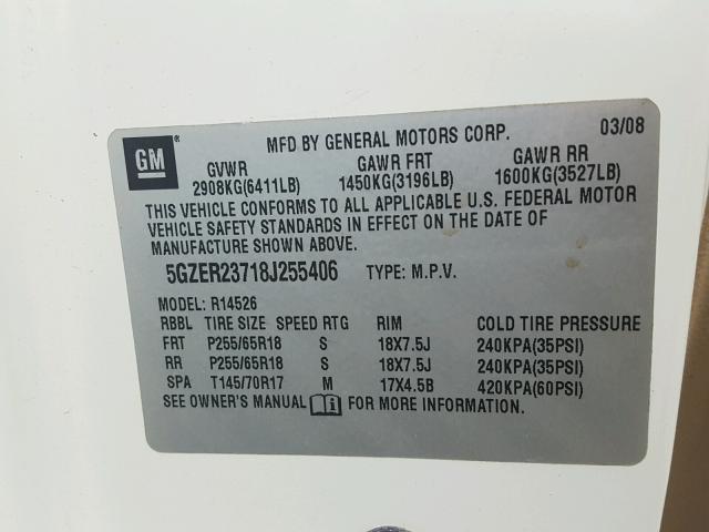 5GZER23718J255406 - 2008 SATURN OUTLOOK XR თეთრი ფოტო 10