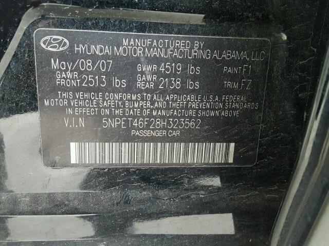 5NPET46F28H323562 - 2008 HYUNDAI SONATA BLACK photo 10