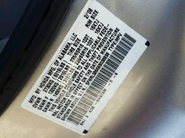 5FNRL38668B038838 - 2008 HONDA ODYSSEY EX SILVER photo 10