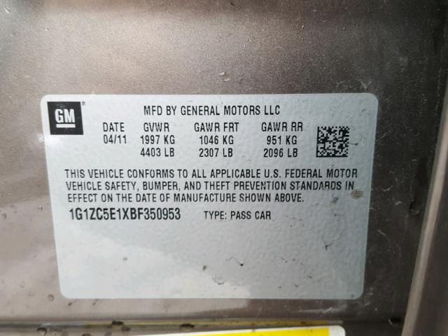 1G1ZC5E1XBF350953 - 2011 CHEVROLET MALIBU 1LT 灰色 照片 10