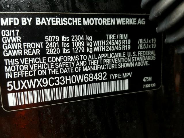 5UXWX9C33H0W68482 - 2017 BMW X3 XDRIVE2 BLACK photo 10