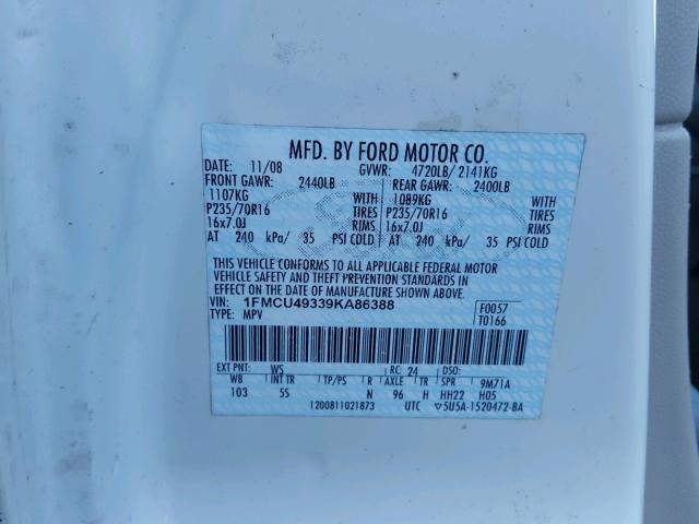 1FMCU49339KA86388 - 2009 FORD ESCAPE HYB WHITE photo 10