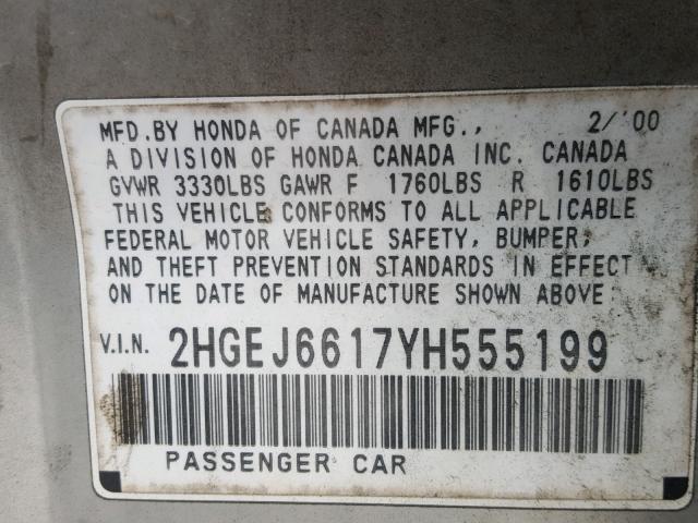 2HGEJ6617YH555199 - 2000 HONDA CIVIC BASE SILVER photo 10