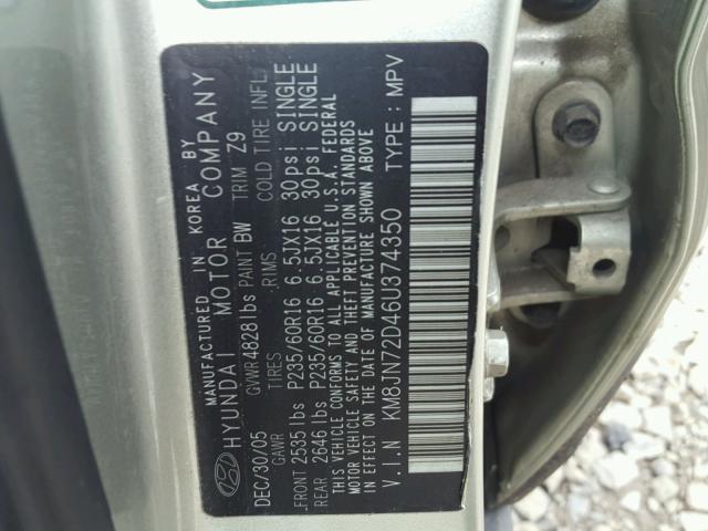 KM8JN72D46U374350 - 2006 HYUNDAI TUCSON GLS GREEN photo 10