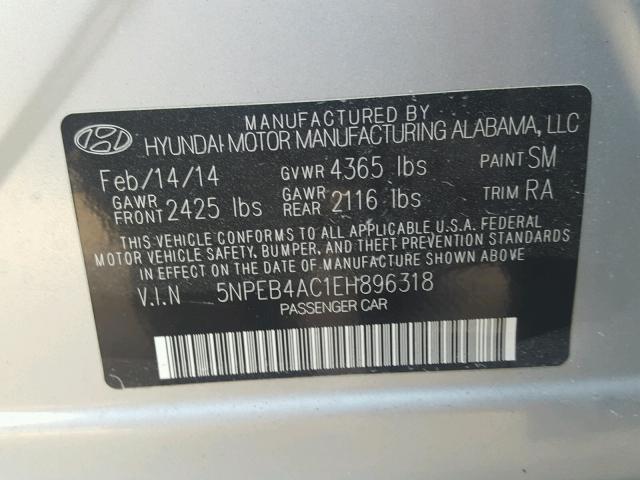 5NPEB4AC1EH896318 - 2014 HYUNDAI SONATA GLS SILVER photo 10