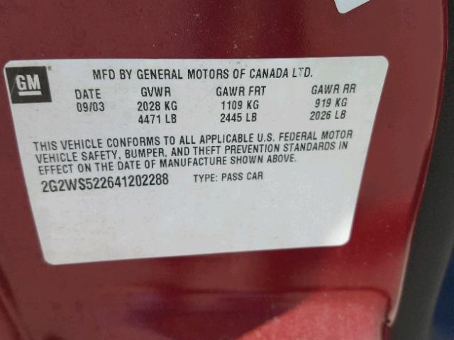 2G2WS522641202288 - 2004 PONTIAC GRAND PRIX MAROON photo 10