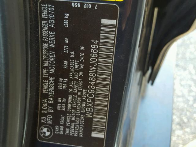 WBXPC93488WJ06684 - 2008 BMW X3 3.0SI BLUE photo 10