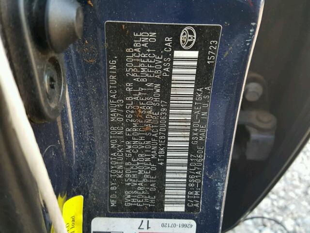 4T1BK1EB7DU063917 - 2013 TOYOTA AVALON BAS BLUE photo 10