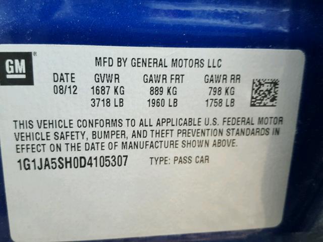 1G1JA5SH0D4105307 - 2013 CHEVROLET SONIC LS Mavi foto 10