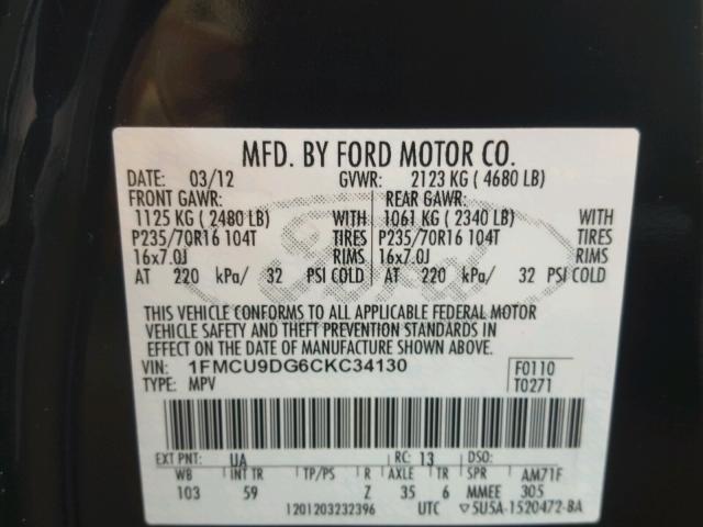 1FMCU9DG6CKC34130 - 2012 FORD ESCAPE XLT BLACK photo 10